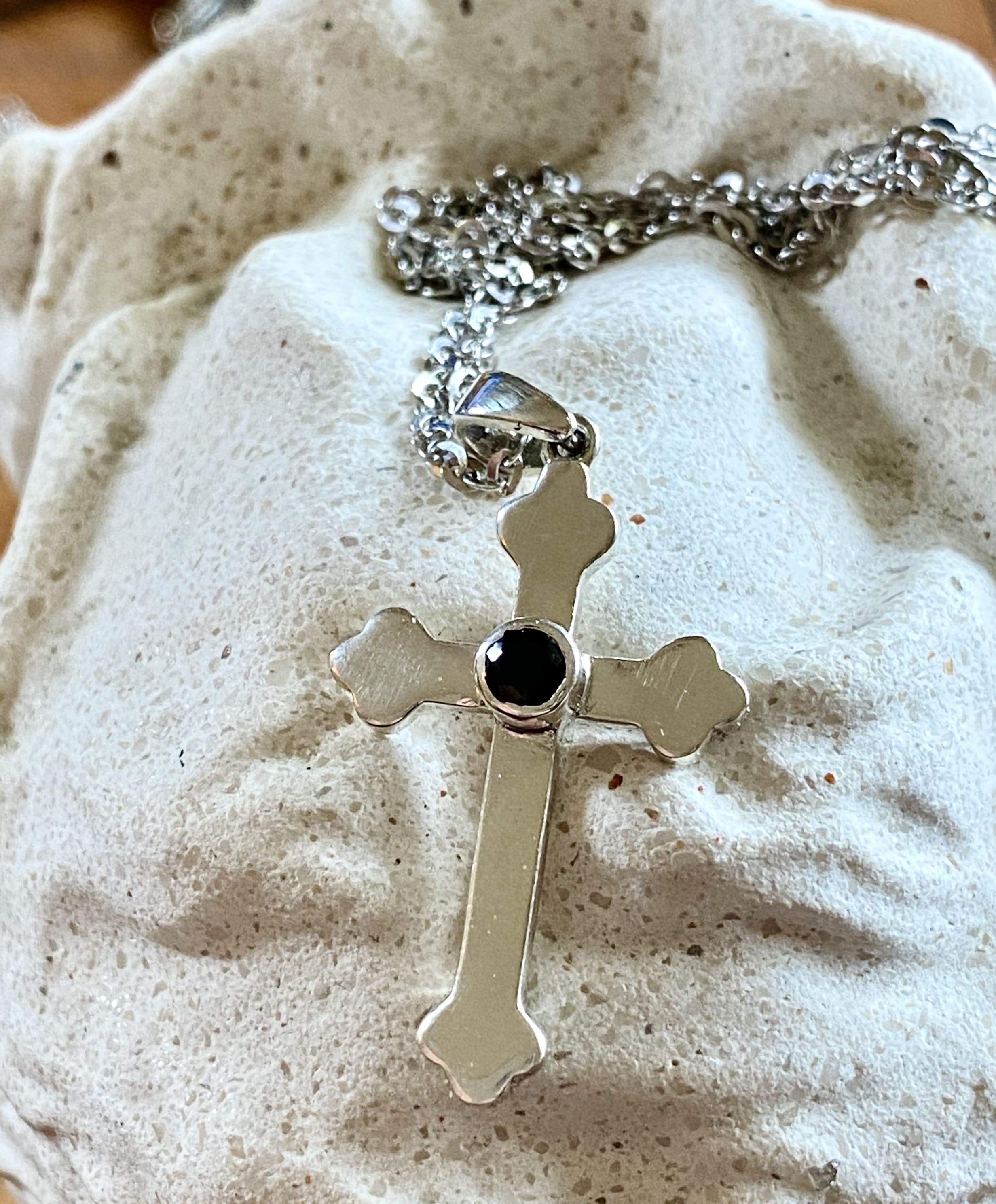 byzantine cross silver with black gemstone - Eleni Pantagis