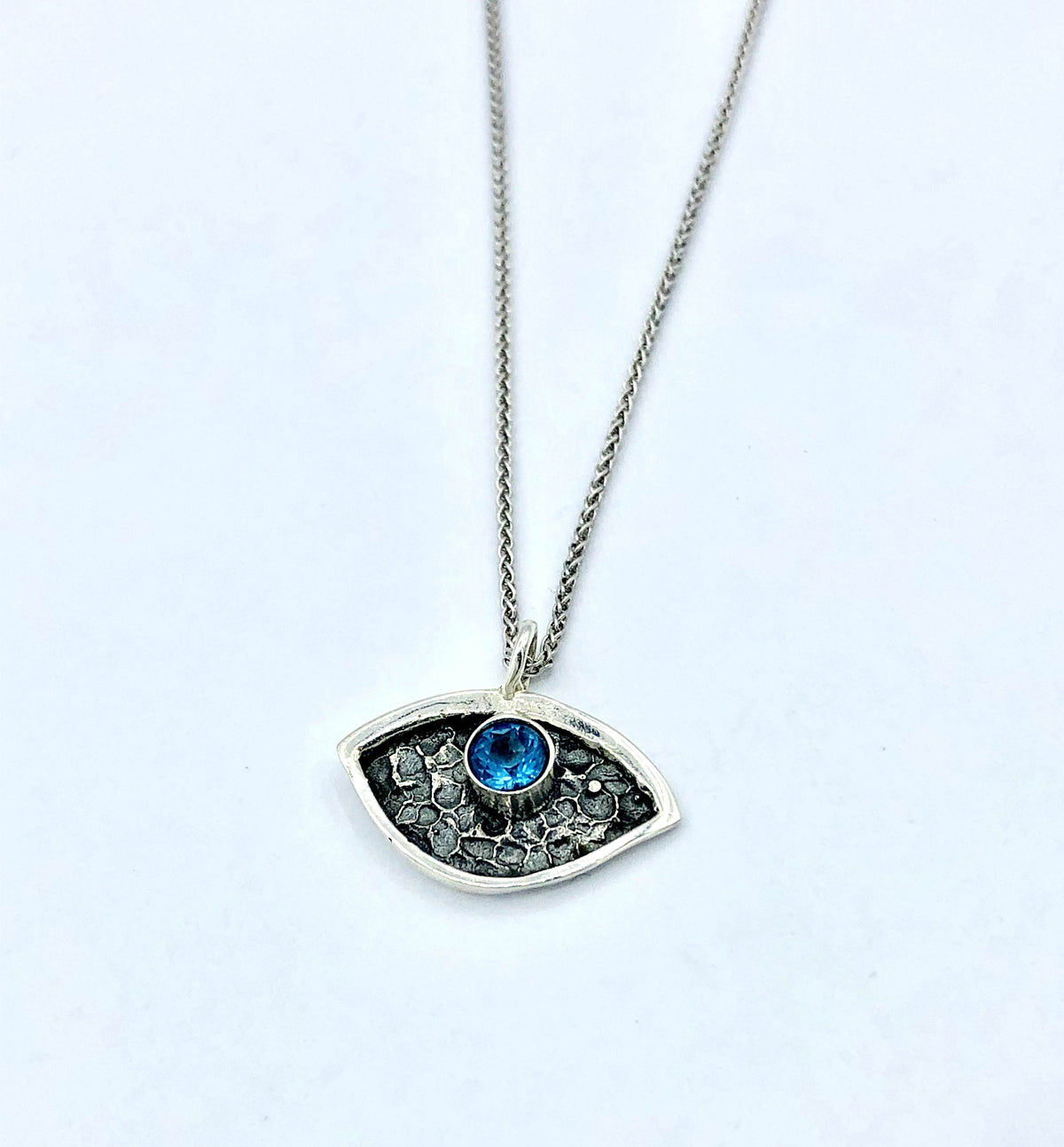 Evil eye pendant, blue topaz stone, small evil eye pendant silver chain 
